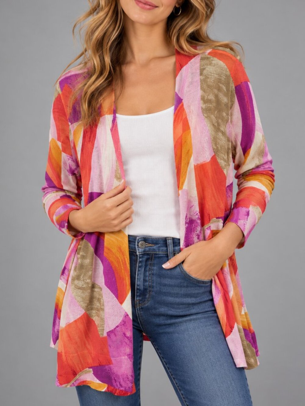 Chico’s Multicolor Abstract Print Open-Front Cardigan – Size 2/Large